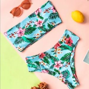 Tropical bandeau high waisted bikini set